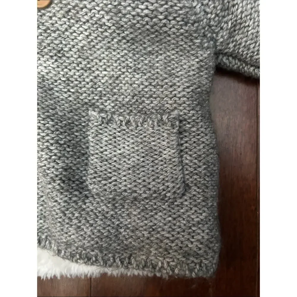Zara Kid’s Gray Knit Hooded Baby Sweater with Cream Sherpa Lining, Size 1-3 M